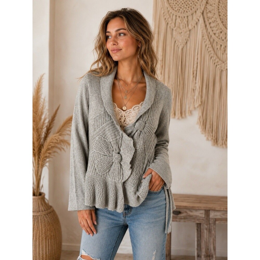 Moth for Anthropologie Gray Wrap Cardigan Sweater Bow Detail Shawl Collar Boho L